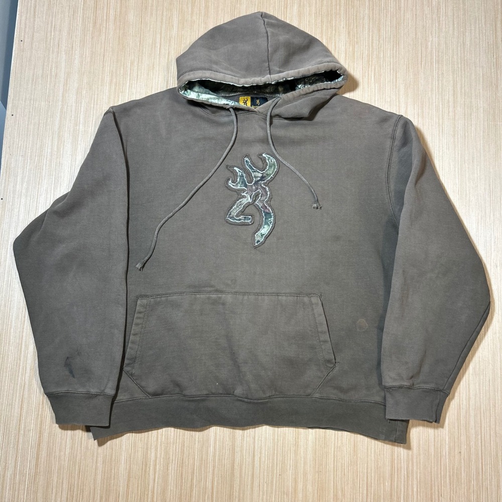 Browning Mens XL Brown Camo Logo Hoodie Pullover Faded Distressed Sweatshirt